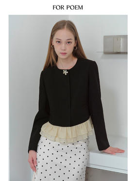 ForPoem 现货 25/FW原创设计花朵装饰荷叶边拼色醋酸短款小香风外套