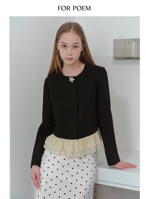 ForPoem 现货 25/FW原创设计花朵装饰荷叶边拼色醋酸短款小香风外套 商品图0