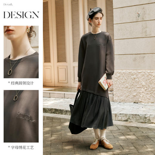 OLrain欧芮儿休闲卫衣连衣裙女秋季2025年新款设计感拼接下摆长裙 商品图1