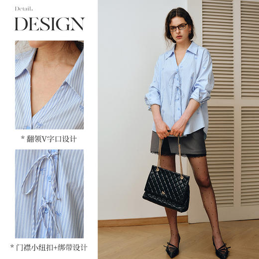 OLrain欧芮儿2025新款女秋季法式蓝色条纹绣花设计感慵懒长袖衬衫 商品图1