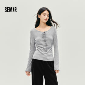森马长袖T恤女秋季两面穿U领木耳边蝴蝶结修身2025新款小性感上衣