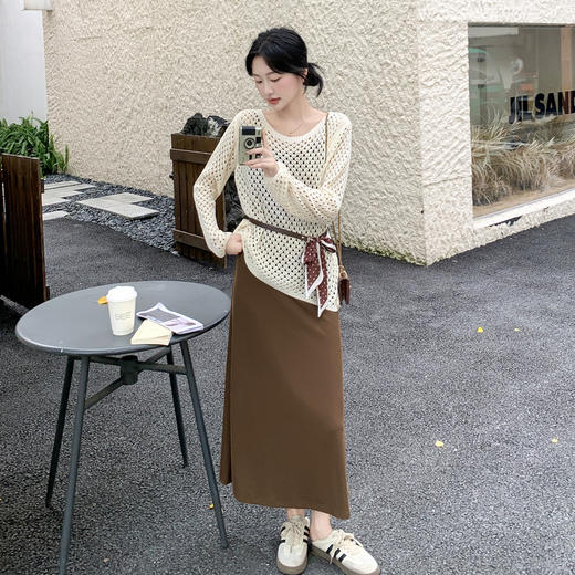韩系镂空罩衫吊带连衣裙套装女2025秋季新款流行显瘦长裙两件套HSYL3301 商品图2