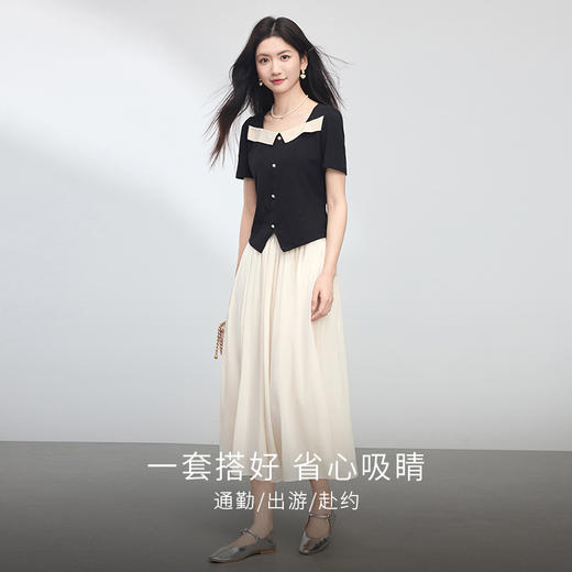 【专属特价】熙世界小香风套装开衩下摆拼色方领T恤上衣+简约半身裙两件套女2025新款 商品图2