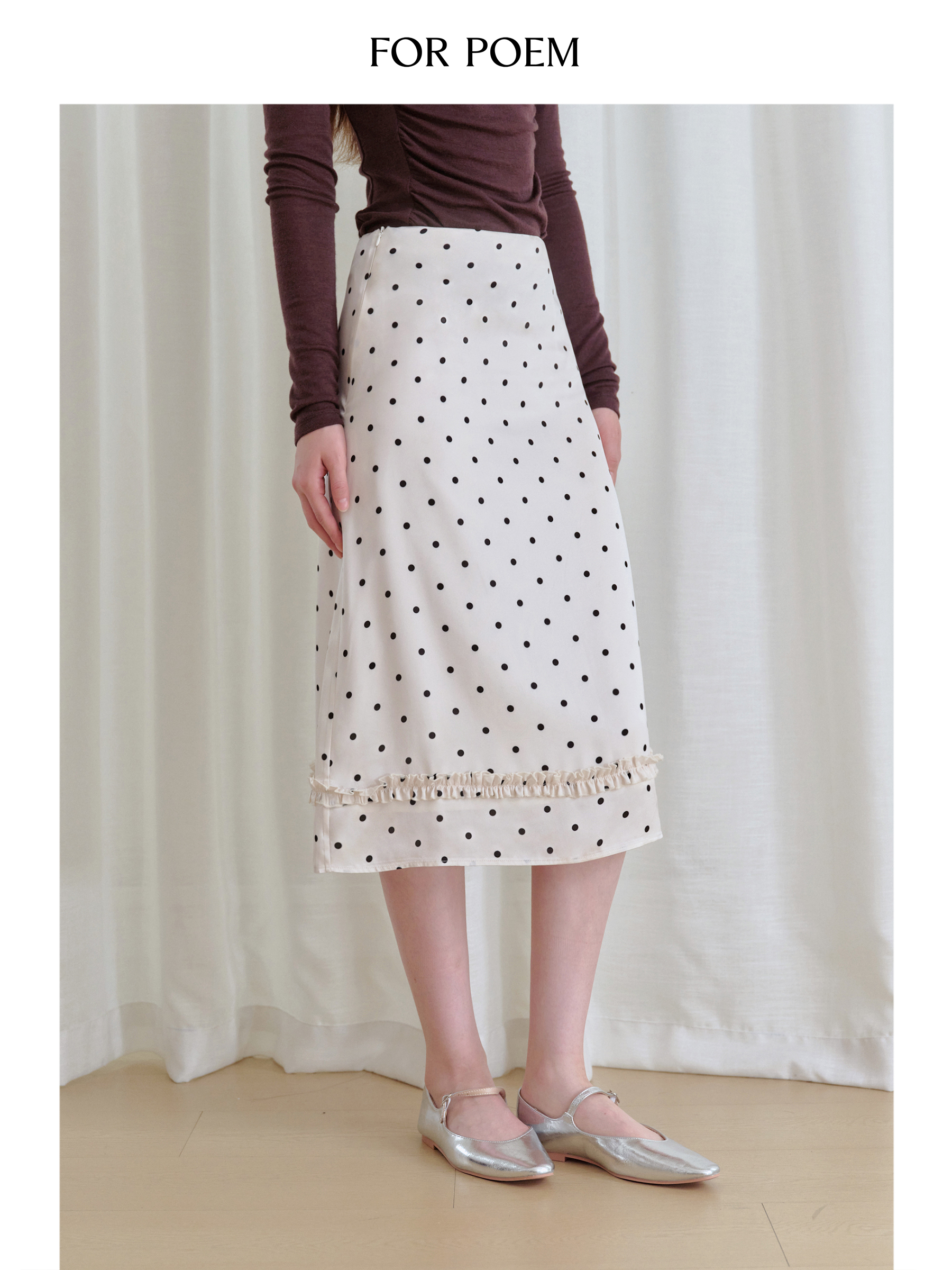 ForPoem 现货 25/FW原创设计醋酸波点褶皱花边中长款直筒半身裙