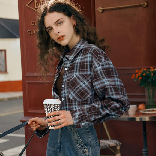 OLrain欧芮儿休闲复古磨毛格子衬衣外套女秋季2025新款宽松衬衫 商品图2