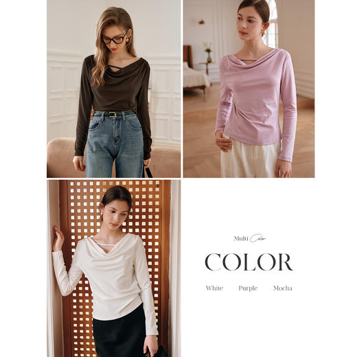 欧芮儿法式优雅荡领长袖T恤女秋2025新款慵懒松弛感别致针织上衣 商品图3