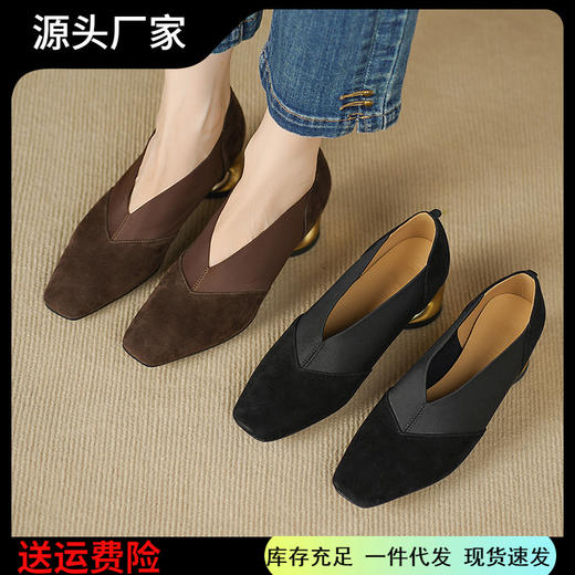 OLDB563-1深口单鞋女2025年新款高跟鞋小皮鞋方头高跟鞋春秋季粗跟真皮女鞋 商品图0