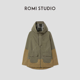 ROMI STUDIO“英式复古”长绒棉撞色拼接做旧连帽外套 RWCAWY5105 