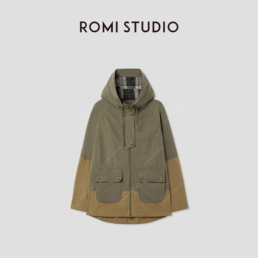ROMI STUDIO“英式复古”长绒棉撞色拼接做旧连帽外套 RWCAWY5105  商品图0
