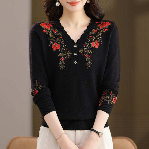 FCY SJ25826羊毛衫毛衣V领修身大码印花针织打底衫 商品图0