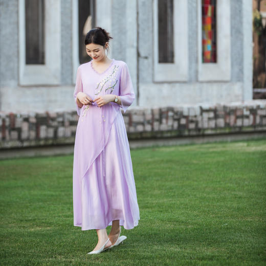 【林栖设计小店】【林栖推荐】幕山紫绣花合欢花天丝真丝不对称桑蚕丝飞片设计连衣裙女N1954111 商品图3