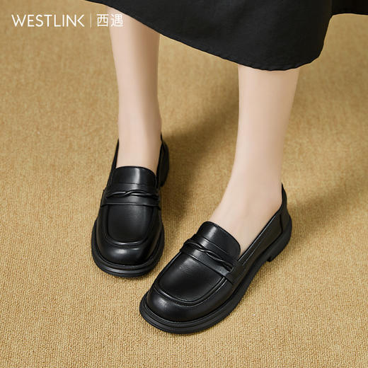西遇平底乐福鞋女新款秋季法式简约一脚蹬低跟单鞋黑色小皮鞋V1857104 商品图1