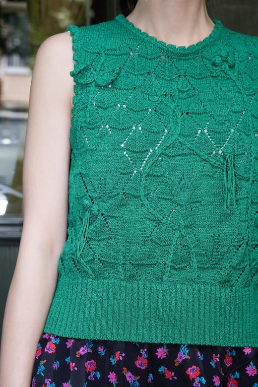 TYNVIE 手工编织钩针纹理花卉钻石图案背心-绿色 商品图7