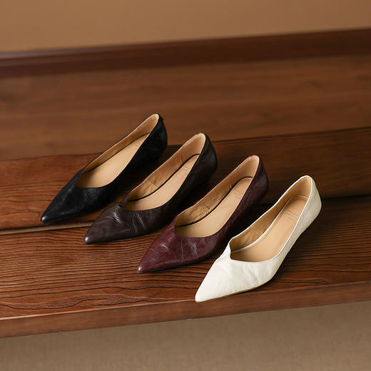 【预售5天】韩版优雅尖头小坡跟质感手抓羊皮通勤低跟全真皮浅口单鞋女HB&5566 商品图1