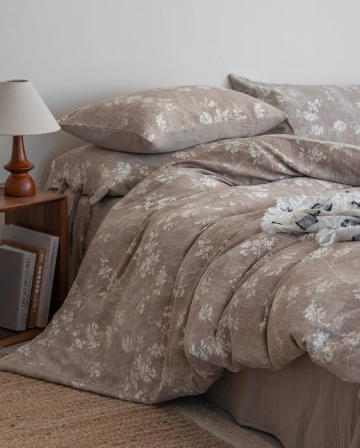 松植屋A类棉麻绑带款四件套日系风花卉撞色提花亚麻棉肌理床单被套 商品图5