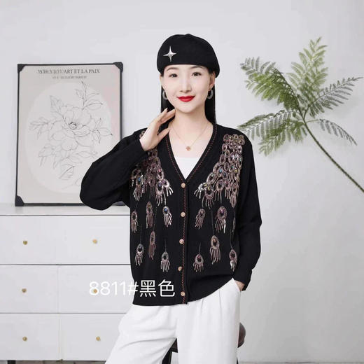 FCY JY8811复古钉珠刺绣针织开衫单排扣V领毛衣 商品图2