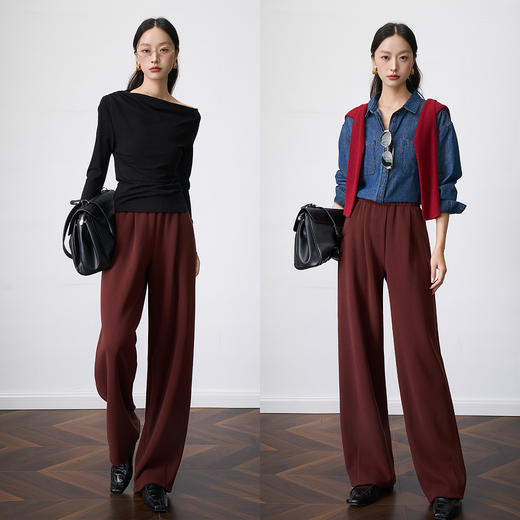 OLrain欧芮儿显瘦复古红宽松直筒裤女秋季2025新款百搭针织长裤 商品图2