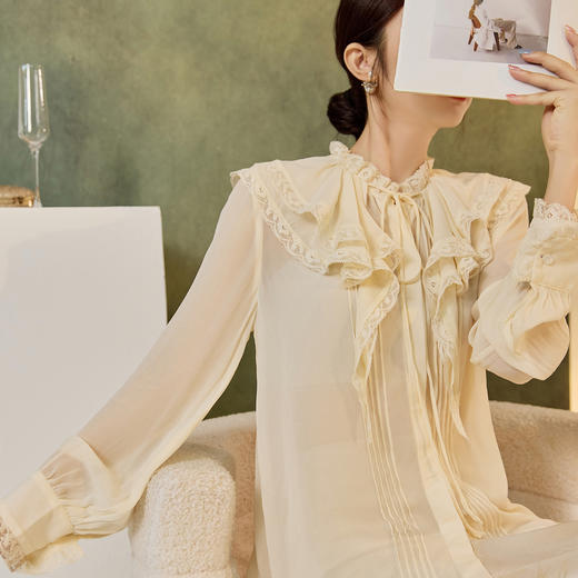 SS N7031新中式荷叶边长袖衬衫花边国风上衣 商品图1