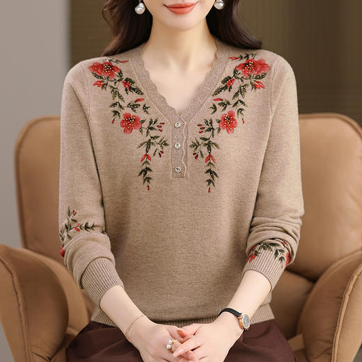 FCY SJ25826羊毛衫毛衣V领修身大码印花针织打底衫 商品图3