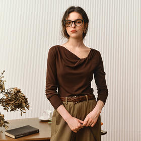 OLrain欧芮儿2025新款女秋季法式咖色设计感扭结领T恤长袖上衣