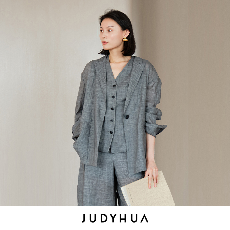 JUDYHUA J For Judy莫兰迪灰夏季极简苎麻西装