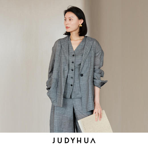 JUDYHUA J For Judy莫兰迪灰夏季极简苎麻西装 商品图0