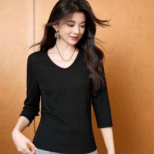 「自」全新升级【铂金会员165/天猫219/差价54】(13039)洛诗琳新款细条螺纹五分袖T恤2025秋季百搭V领打底上衣女 商品图3