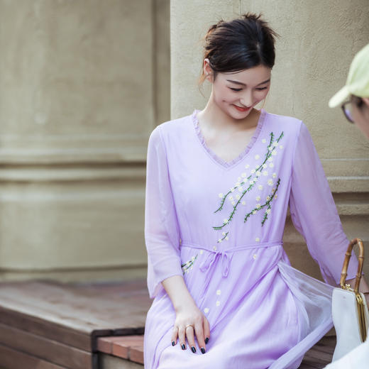 【林栖设计小店】【林栖推荐】幕山紫绣花合欢花天丝真丝不对称桑蚕丝飞片设计连衣裙女N1954111 商品图4