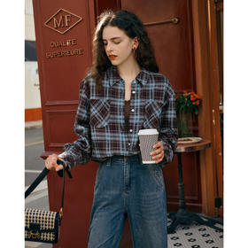 OLrain欧芮儿休闲复古磨毛格子衬衣外套女秋季2025新款宽松衬衫