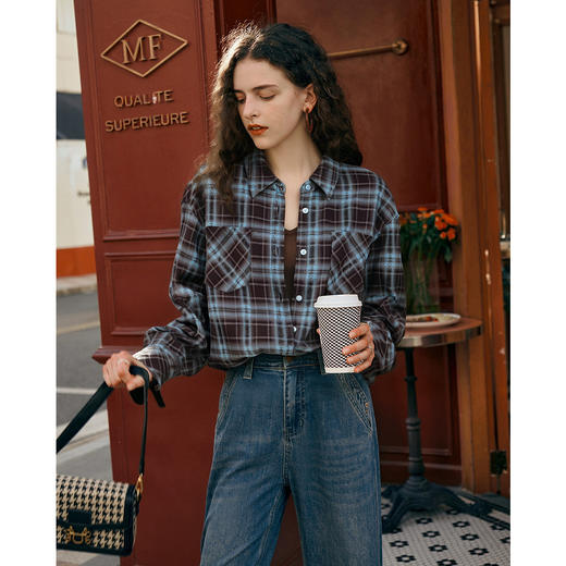 OLrain欧芮儿休闲复古磨毛格子衬衣外套女秋季2025新款宽松衬衫 商品图0