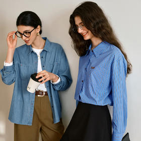 OLrain欧芮儿2025新款女秋季复古通勤蓝色条纹衬衣翻领长袖衬衫