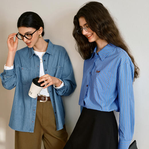 OLrain欧芮儿2025新款女秋季复古通勤蓝色条纹衬衣翻领长袖衬衫 商品图0