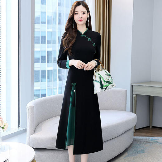 ZGUAN9012春秋季气质长袖民族风复古改良旗袍修身连衣裙显瘦中长款收腰开叉 商品图3
