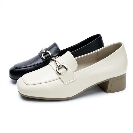 西遇粗跟乐福鞋女新款秋季复古金扣方头通勤单鞋中跟小皮鞋V1857106 商品图4