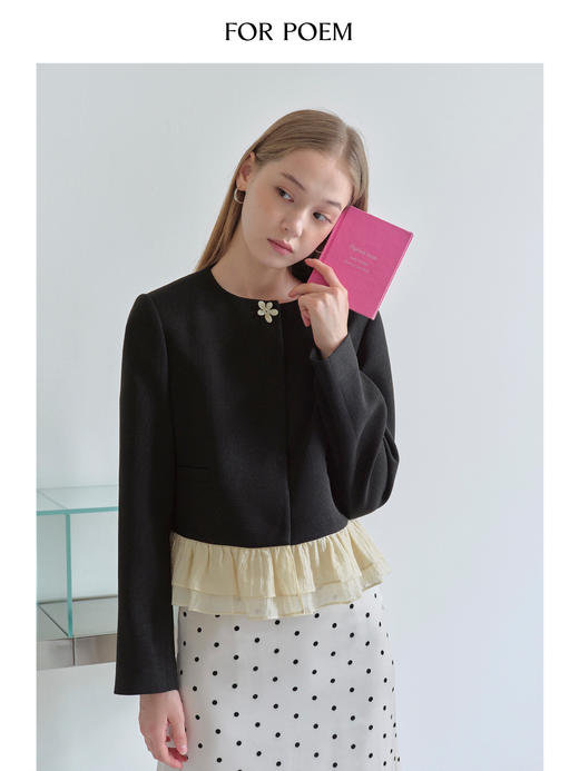 ForPoem 现货 25/FW原创设计花朵装饰荷叶边拼色醋酸短款小香风外套 商品图2