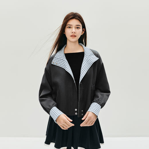 森马外套女秋季花苞拼接格子宽松立领2025新款复古风文艺通勤夹克 商品图2