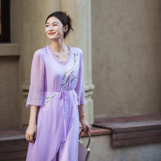 【林栖设计小店】【林栖推荐】幕山紫绣花合欢花天丝真丝不对称桑蚕丝飞片设计连衣裙女N1954111 商品图2