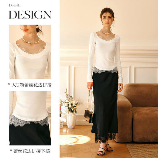 OLrain欧芮儿法式蕾丝T恤女秋季2025年新款优雅气质大U领长袖上衣 商品图1