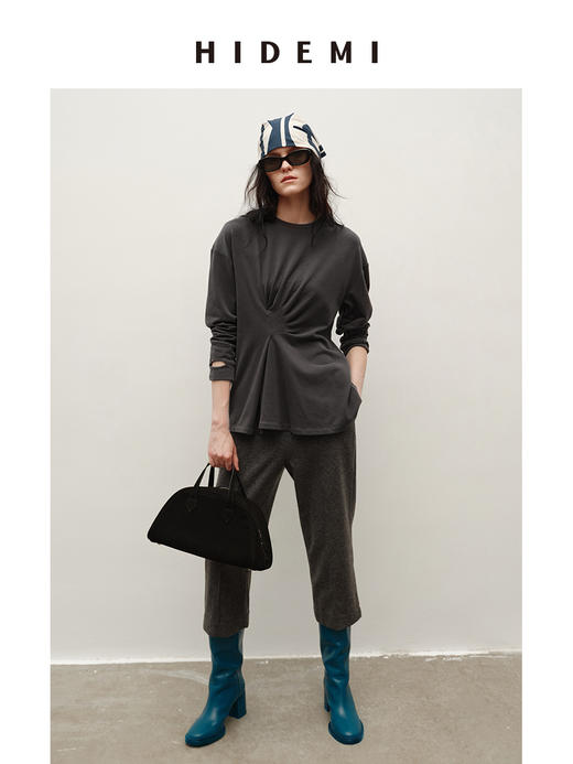 HIDEMI 极简圆领设计感不对称手工褶皱花苞垂顺亲肤棉氨弹力针织上衣 商品图1