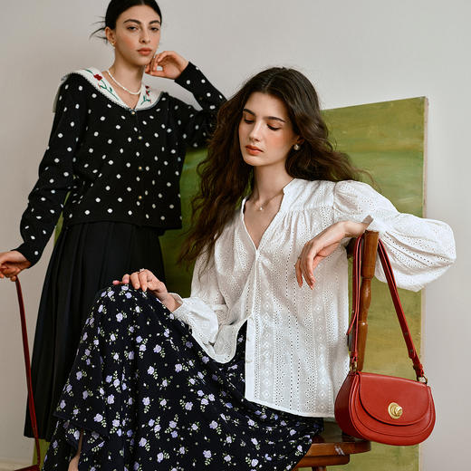 OLrain欧芮儿2025新款女秋季法式气质V领镂空刺绣衬衫长袖衬衣 商品图2