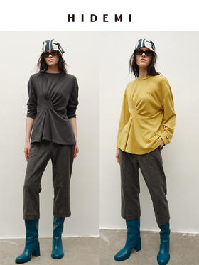 HIDEMI 极简圆领设计感不对称手工褶皱花苞垂顺亲肤棉氨弹力针织上衣