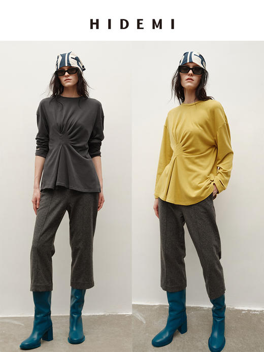 HIDEMI 极简圆领设计感不对称手工褶皱花苞垂顺亲肤棉氨弹力针织上衣 商品图0