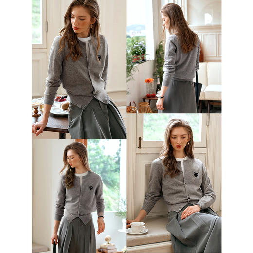 欧芮儿法式灰色针织开衫女小外套秋季2025年新款爱心章仔气质上衣 商品图3