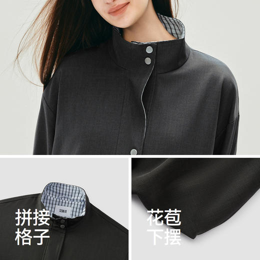 森马外套女秋季花苞拼接格子宽松立领2025新款复古风文艺通勤夹克 商品图3