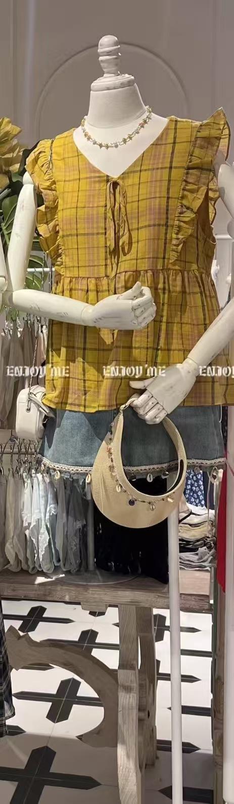 【门店同款】ENJOY夏季“后花园”落日黄格纹上衣 162800932 商品图1