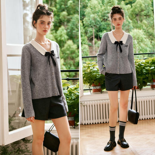 OLrain欧芮儿灰色翻领毛衣女秋季2025年新款法式学院风套头衫上衣 商品图0