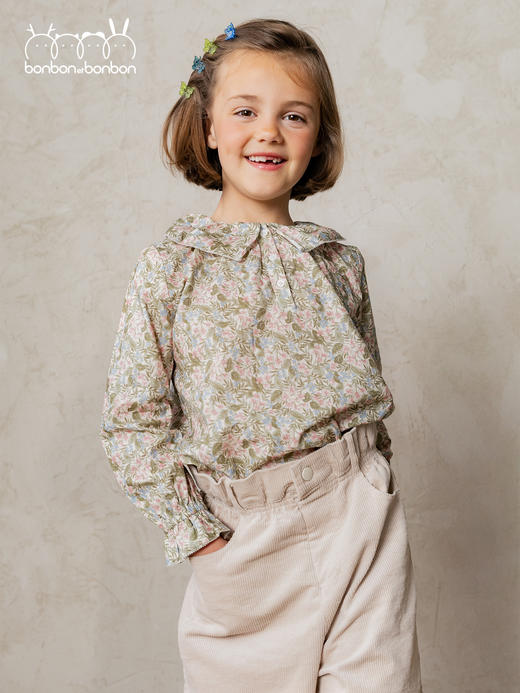 粉绿碎花花边上衣 商品图0