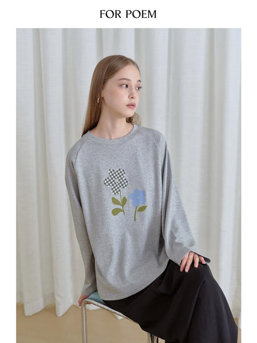 ForPoem 25/FW原创设计100棉格纹花朵印花插肩袖印花T恤上衣 商品图3