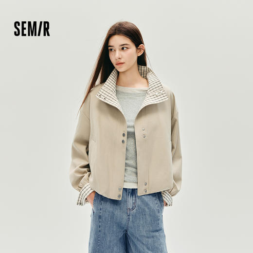 森马外套女秋季花苞拼接格子宽松立领2025新款复古风文艺通勤夹克 商品图1