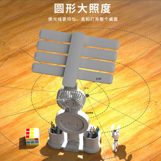 【无蓝光危害！柔光而且护眼】专为读写设计，4头发光面+氛围灯 风扇+时间，led学习学生宿舍横四头充电阅读书桌led台灯卧室折叠。ra 商品图2